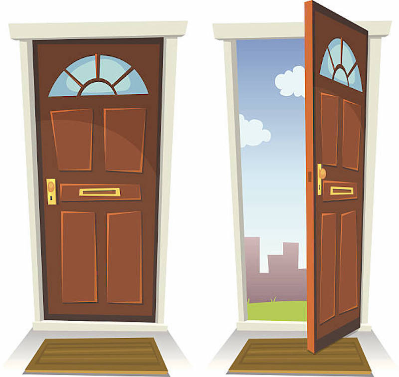 closed door and open door