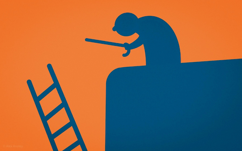 man reaching for a ladder