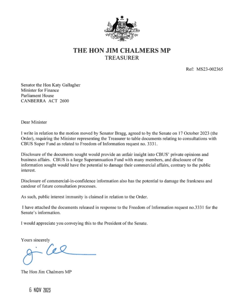 Treasurer’s Response (Source: Senate)