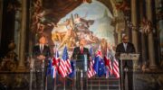Australia Deputy Prime Minister Richard Marles (left), UK Defence Secretary John Healey (centre), and US Secretary of Defense Lloyd Austin III (right) addressing the media in the Painted Hall at the Old Royal Naval College, Greenwich UK.