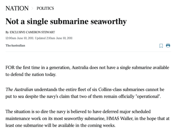 Not a single submarine seaworthy in 2011 (Source: The Australian)