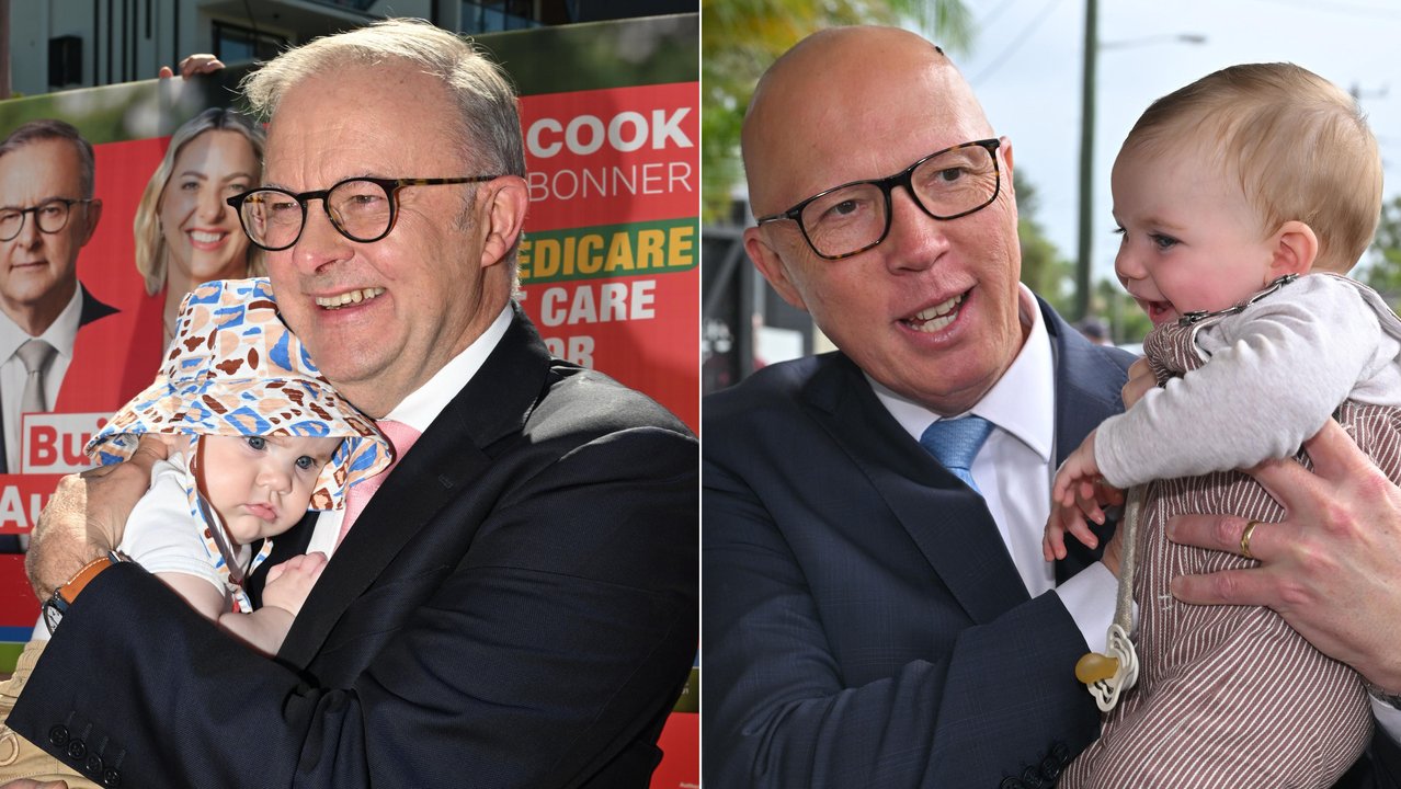 Composite image of Anthony Albanese and Peter Dutton holding babies