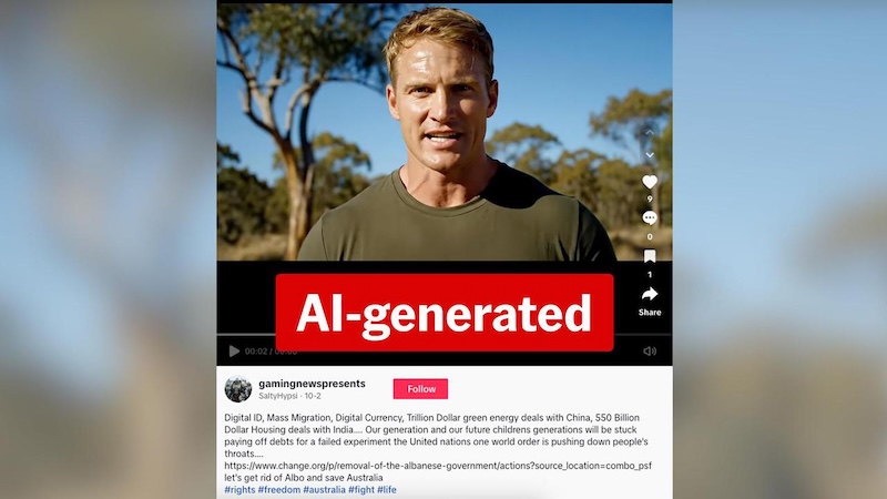 One AI-created avatar wears an army-green T-shirt while stating "the time for marching has ended".