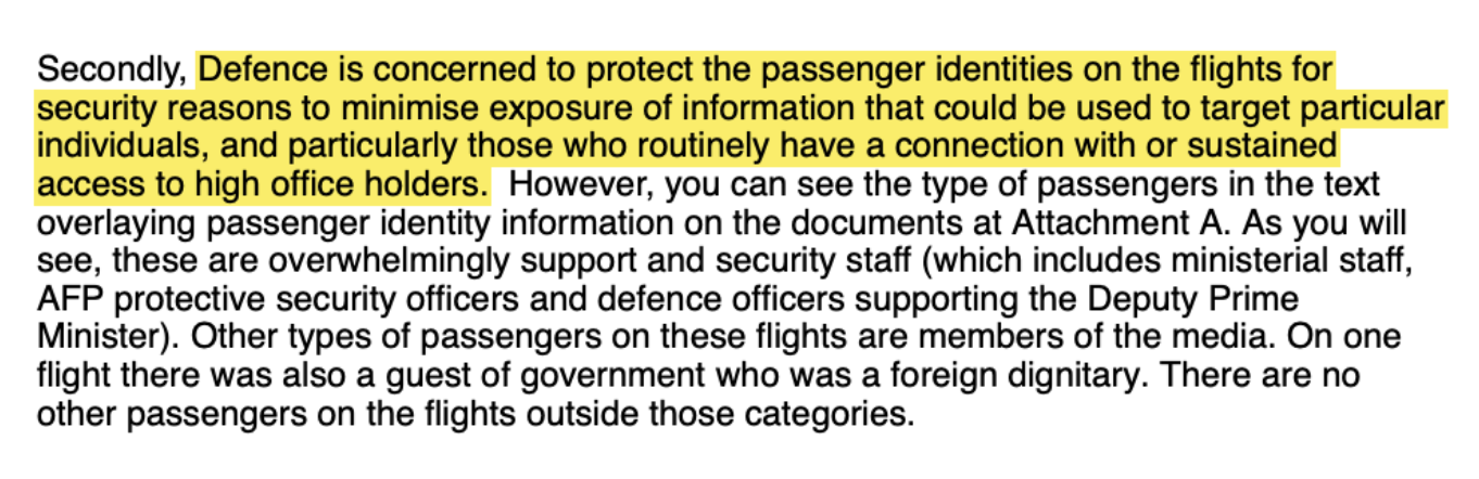 Defence’s real concerns with Disclosing Passenger Details (Source: Defence)