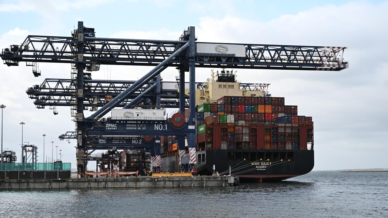 A container ship is unloaded at Port Botany