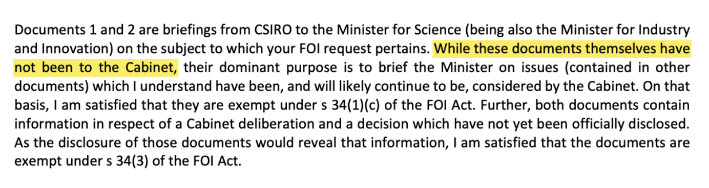 Figure 1 - Not Cabinet Documents, but Cabinet exempt (Source: CSIRO)