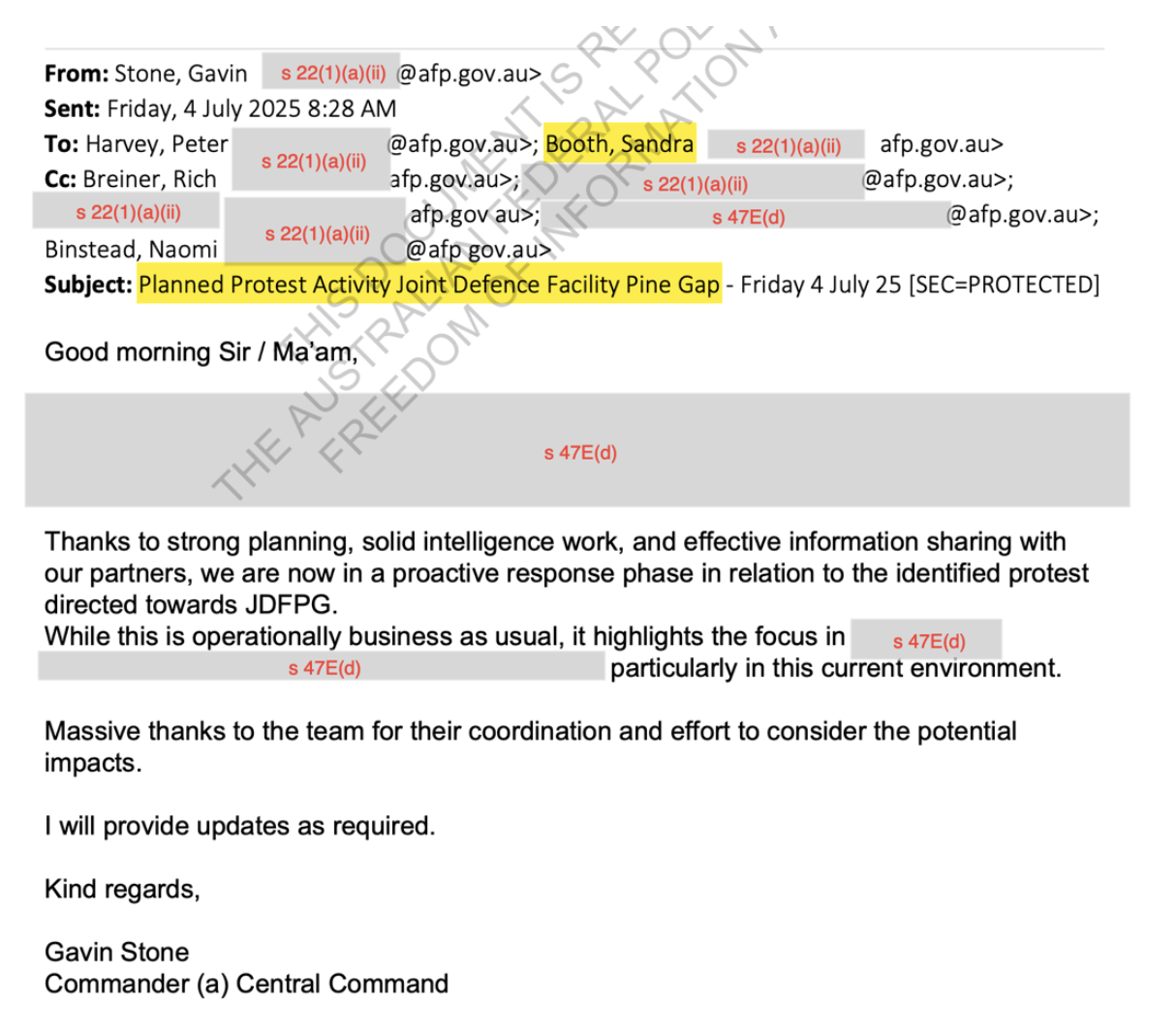 AUKUS Command in Pine Gap Protest Communications (Source: FOI)
