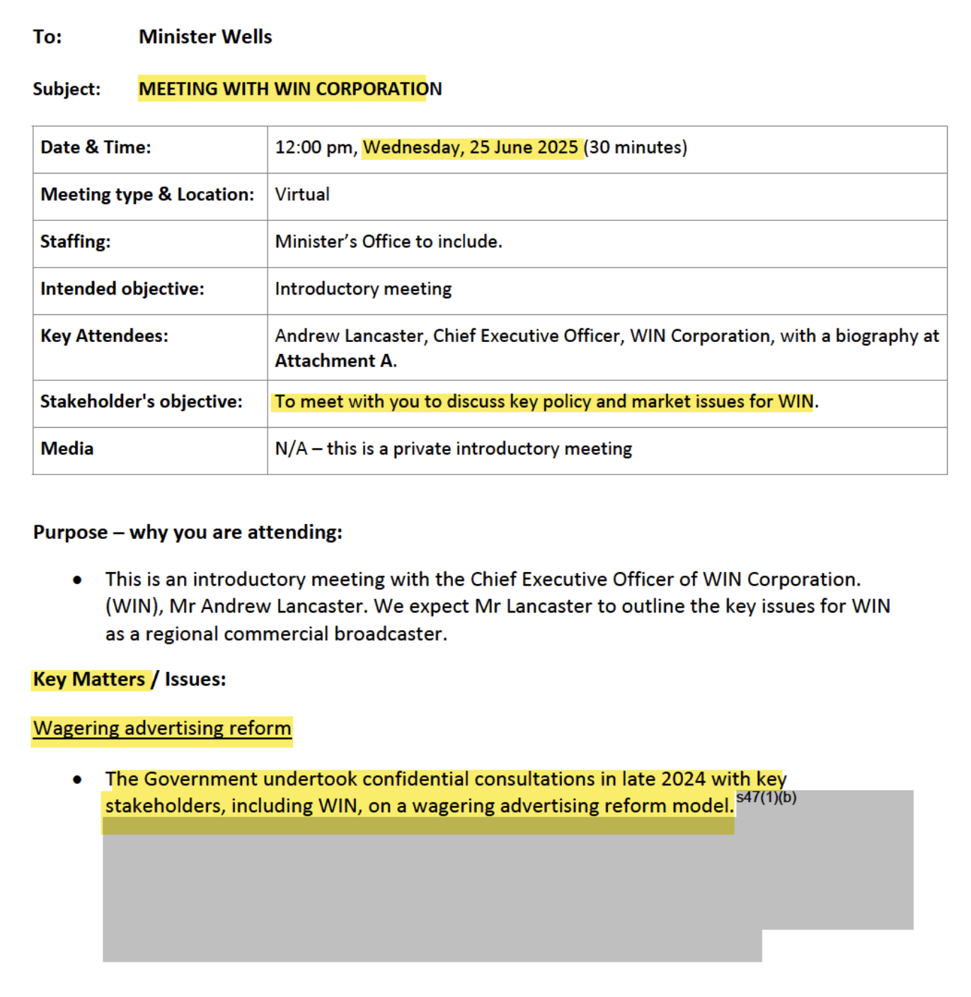 Meeting Brief for WIN Corporation (Source: FOI)