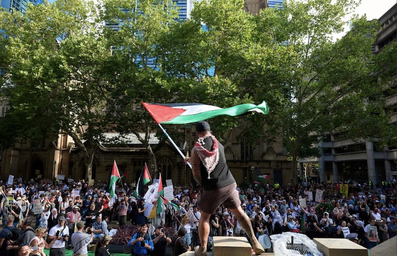 Town Hall protests against Herzog visit. Image: AAP