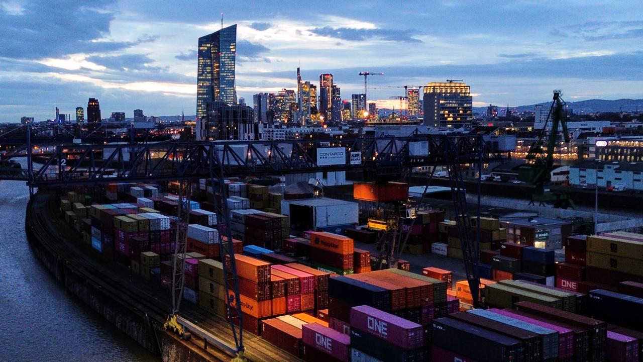 Containers are stored in a cargo terminal in Frankfurt