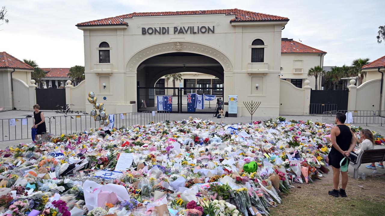 A makeshift memorial at the Bondi Pavilion after a terrorist attack