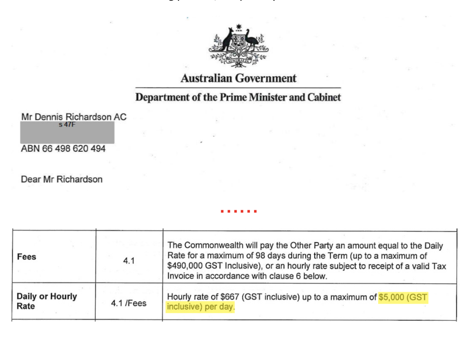 Dennis Richardson’s Bondi Inquiry Contract Rate (Source: FOI)