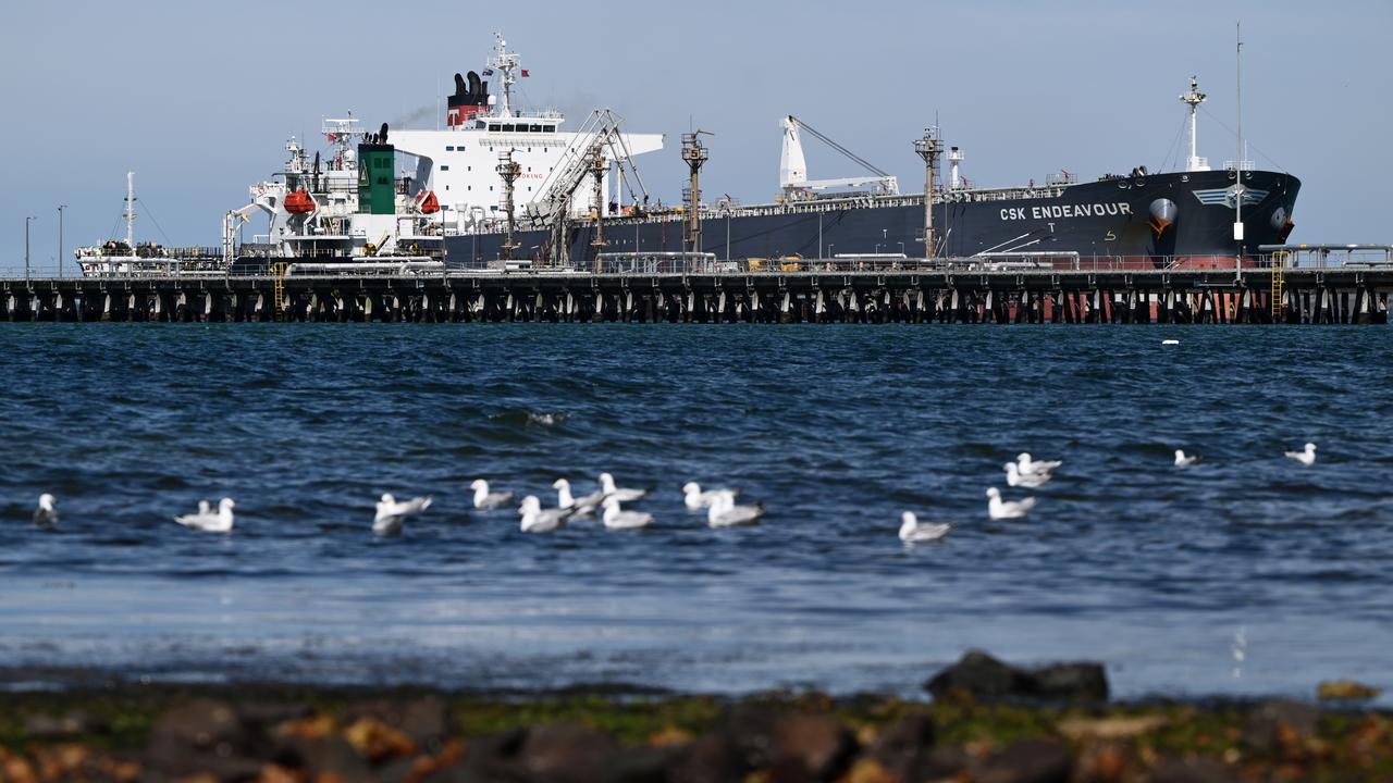 An oil tanker docked at the Geelong Oil Refinery in Corio, Geelong