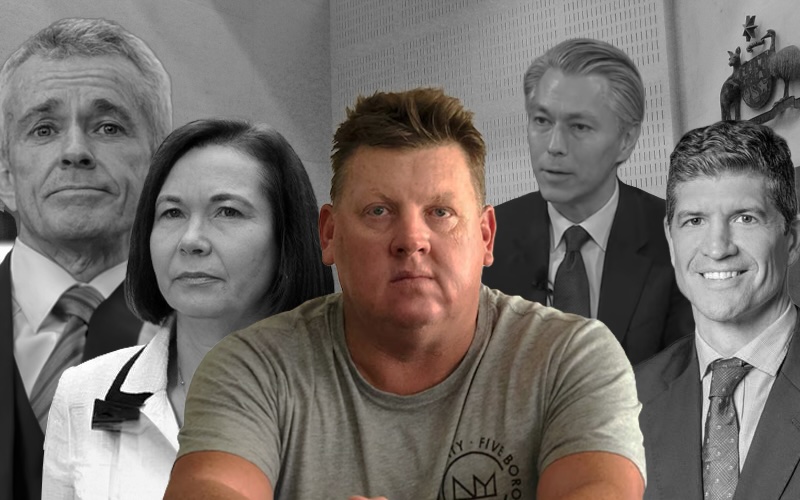 Simon Turner (foreground) L-R Malcolm Roberts, Tania Constable, BHP's Mike Henry, Minters' Trent Forno