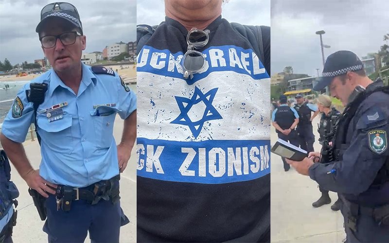 NSW Police detain Andrew Brown at Bondi Beach for t-shirt