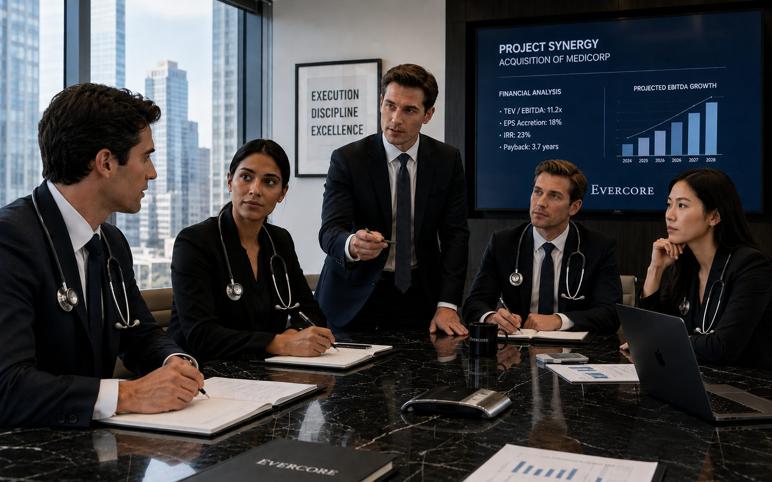 Investment bankers with stetoscopes